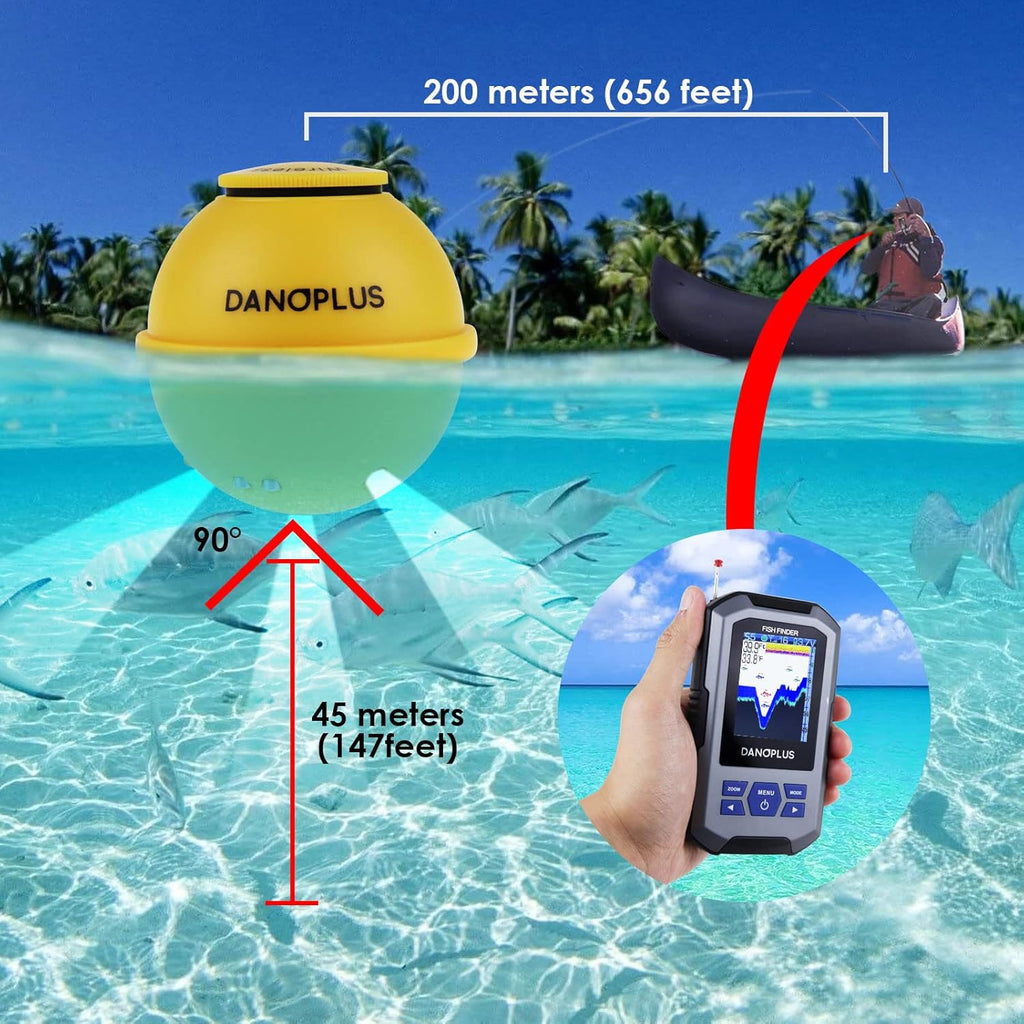 Portable Fish Finder Large HD Display Wireless Depth Finders for Boats with 147 Feet Depth Detection Sensor, Rechargeable Castable Fish Finder Display Fish, Temp