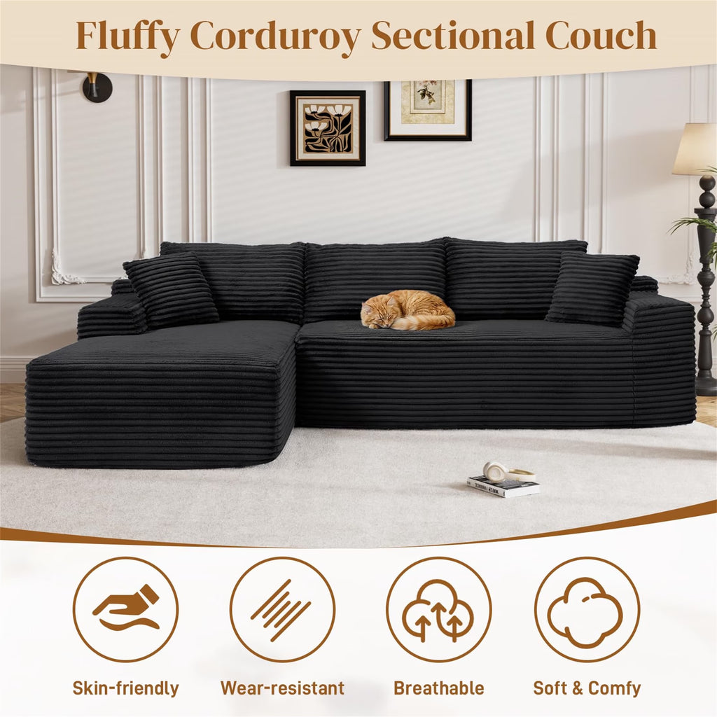 95" Cloud Sectional Sofa Deep Seat Boneless Couch Modular L-Shaped Couch, Left Chaise Corduroy Sofa for Living Room, Black