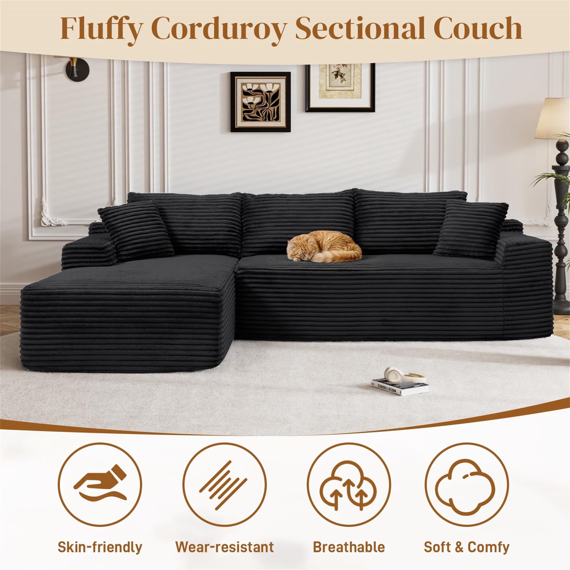 95" Cloud Sectional Sofa Deep Seat Boneless Couch Modular L-Shaped Couch, Left Chaise Corduroy Sofa for Living Room, Black