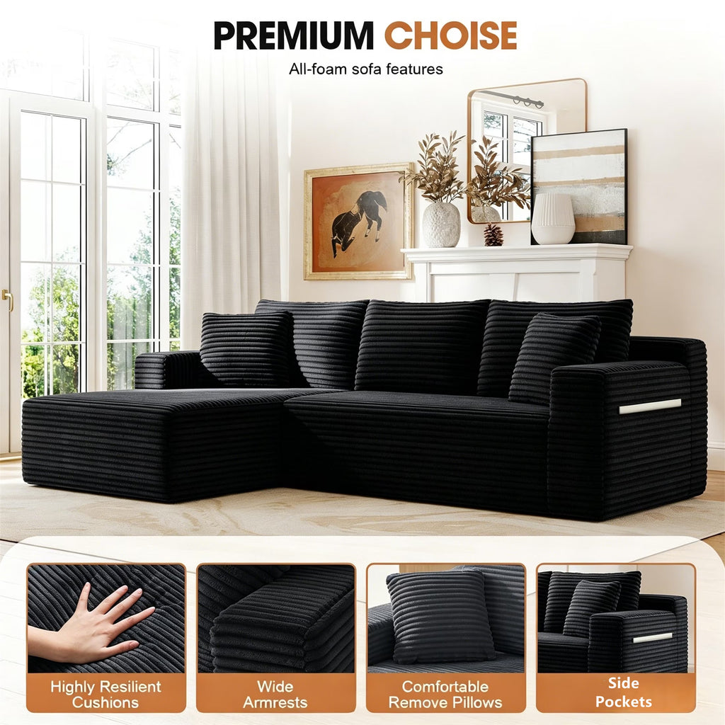 95" Cloud Sectional Sofa Deep Seat Boneless Couch Modular L-Shaped Couch, Left Chaise Corduroy Sofa for Living Room, Black