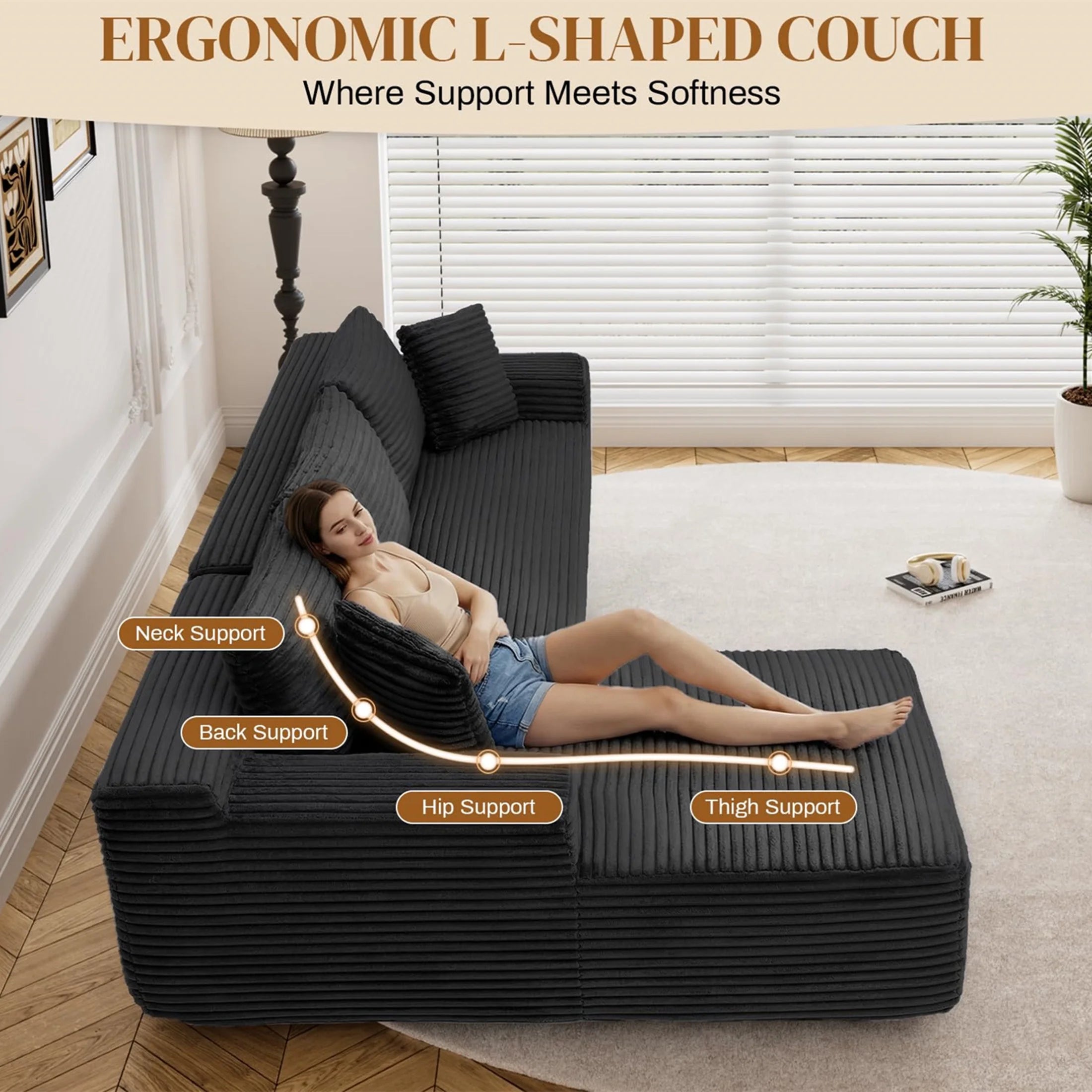 95" Cloud Sectional Sofa Deep Seat Boneless Couch Modular L-Shaped Couch, Left Chaise Corduroy Sofa for Living Room, Black