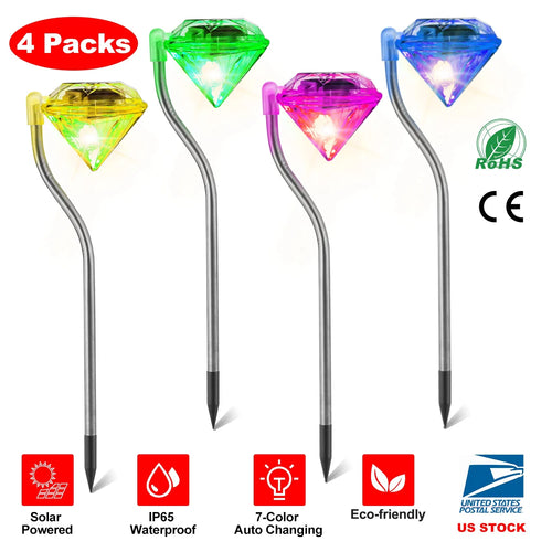 4Pcs Solar Garden Light Outdoor Diamond LED Light 7-Color Changing IP65 Waterproof Pathway Stake Decorative Lamp for Garden Patio Yard Walkway