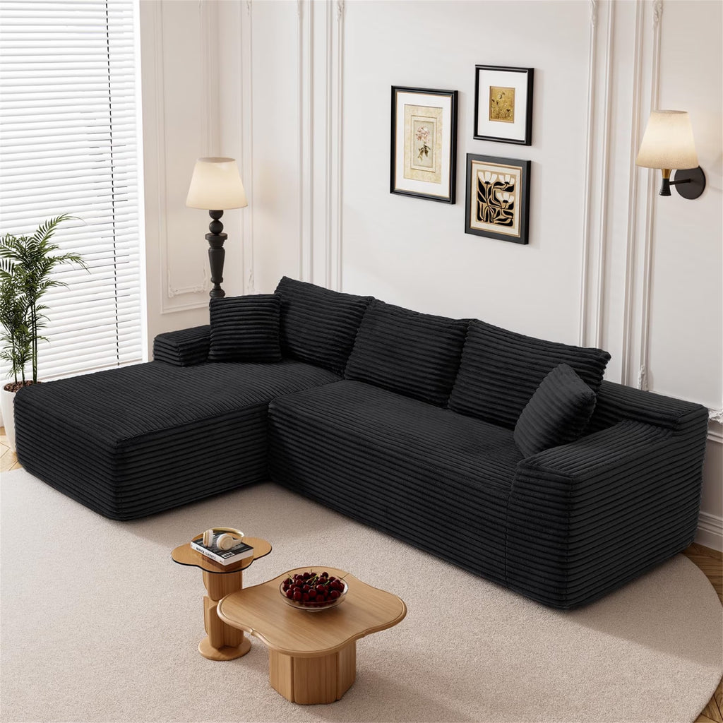 95" Cloud Sectional Sofa Deep Seat Boneless Couch Modular L-Shaped Couch, Left Chaise Corduroy Sofa for Living Room, Black