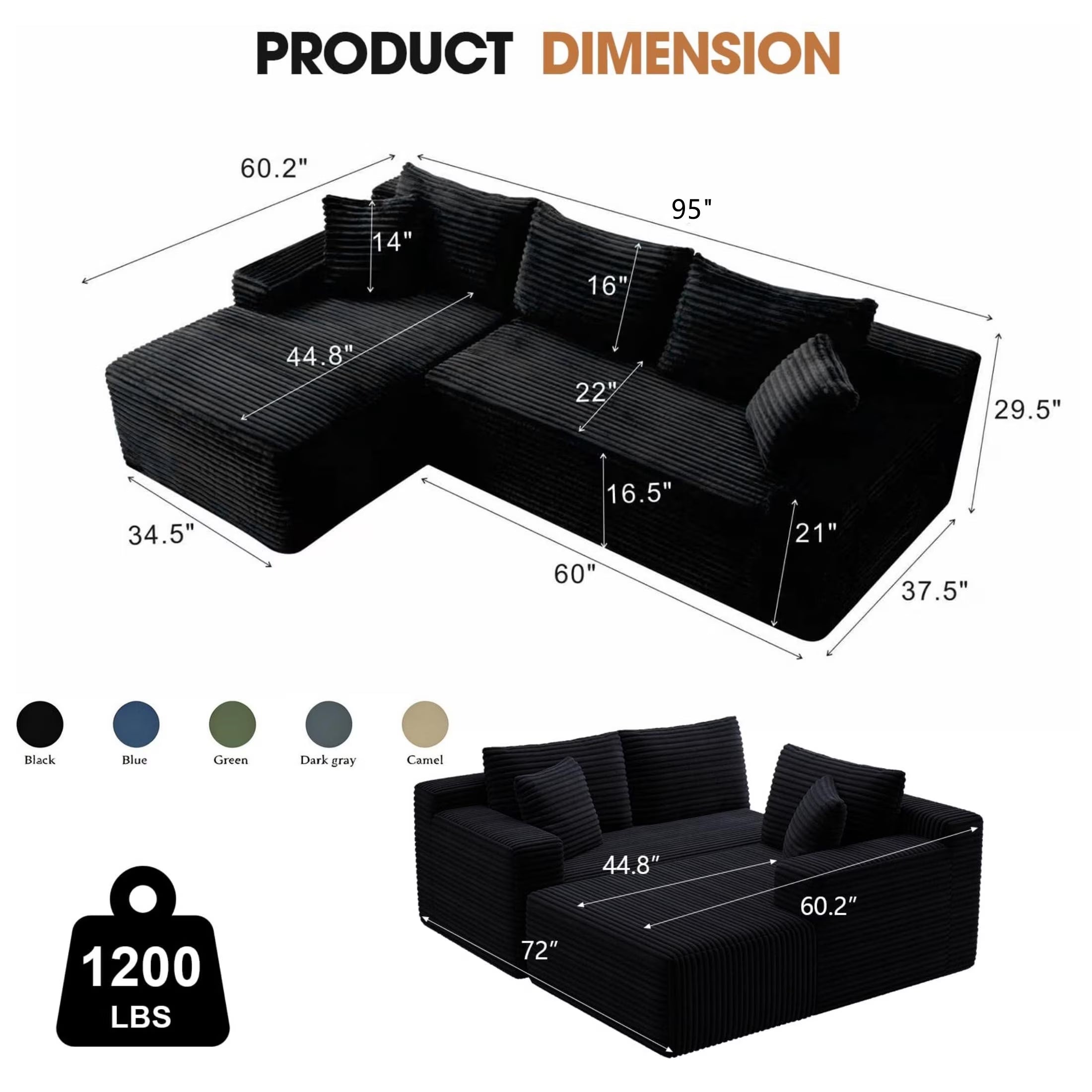 95" Cloud Sectional Sofa Deep Seat Boneless Couch Modular L-Shaped Couch, Left Chaise Corduroy Sofa for Living Room, Black