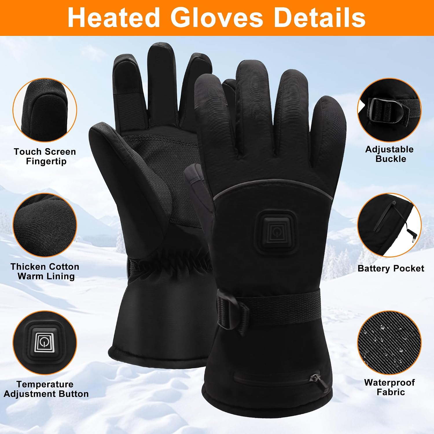 Spring Electric Rechargeable Battery Heated Gloves - Waterproof Touchscreen for Outdoor Sports, Hiking, Skiing, Running, Work