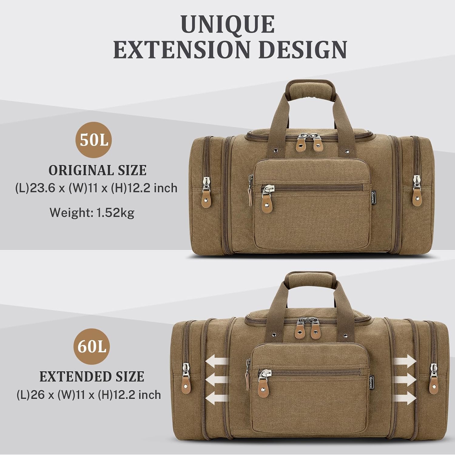 Canvas Duffle Bag, Expandable 60L Travel Overnight Weekender Bag | for Men, Multiple Pockets, Tear-Resistant, Durable Zippers, Detachable Strap, Coffee