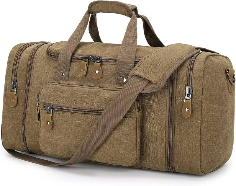 Canvas Duffle Bag, Expandable 60L Travel Overnight Weekender Bag | for Men, Multiple Pockets, Tear-Resistant, Durable Zippers, Detachable Strap, Coffee