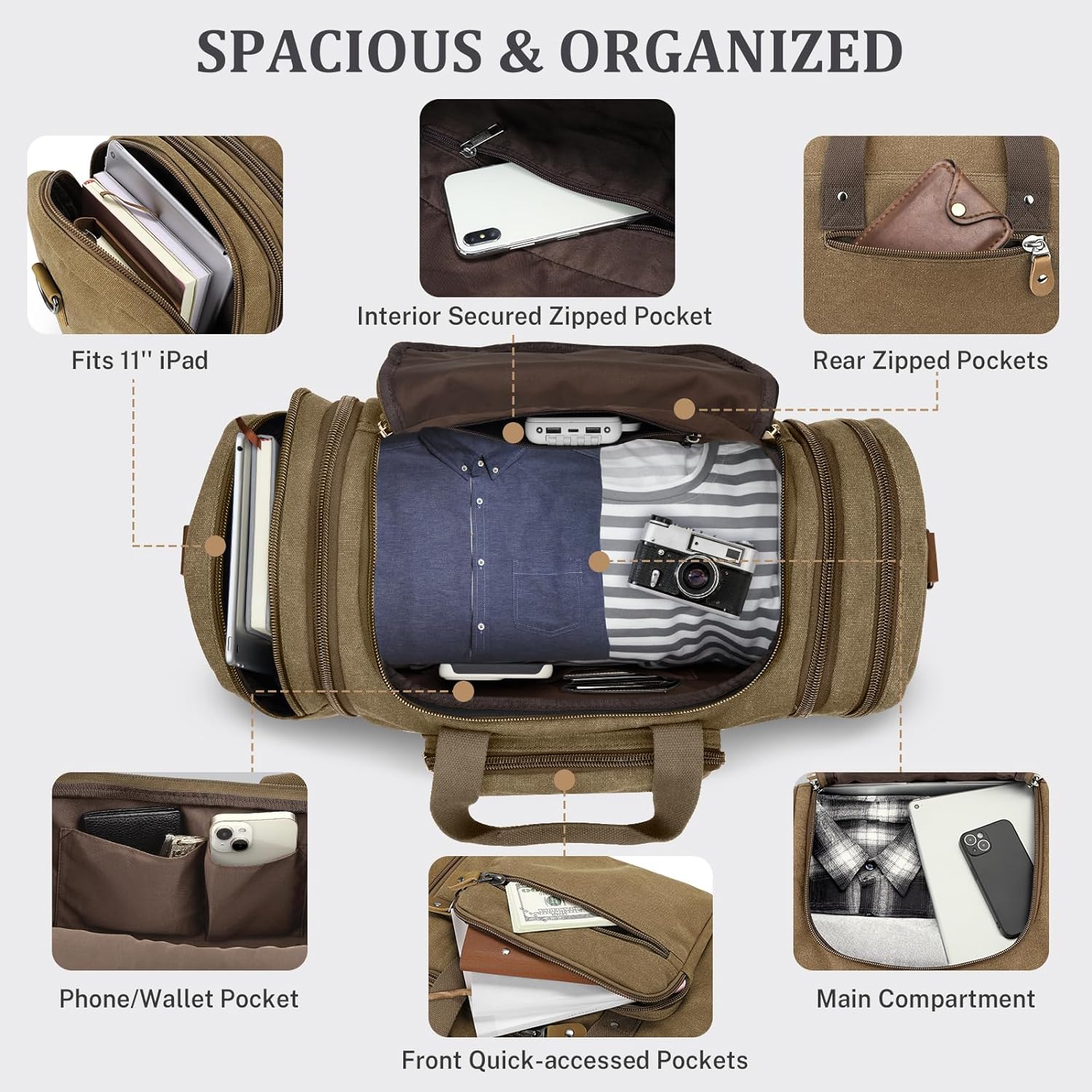 Canvas Duffle Bag, Expandable 60L Travel Overnight Weekender Bag | for Men, Multiple Pockets, Tear-Resistant, Durable Zippers, Detachable Strap, Coffee