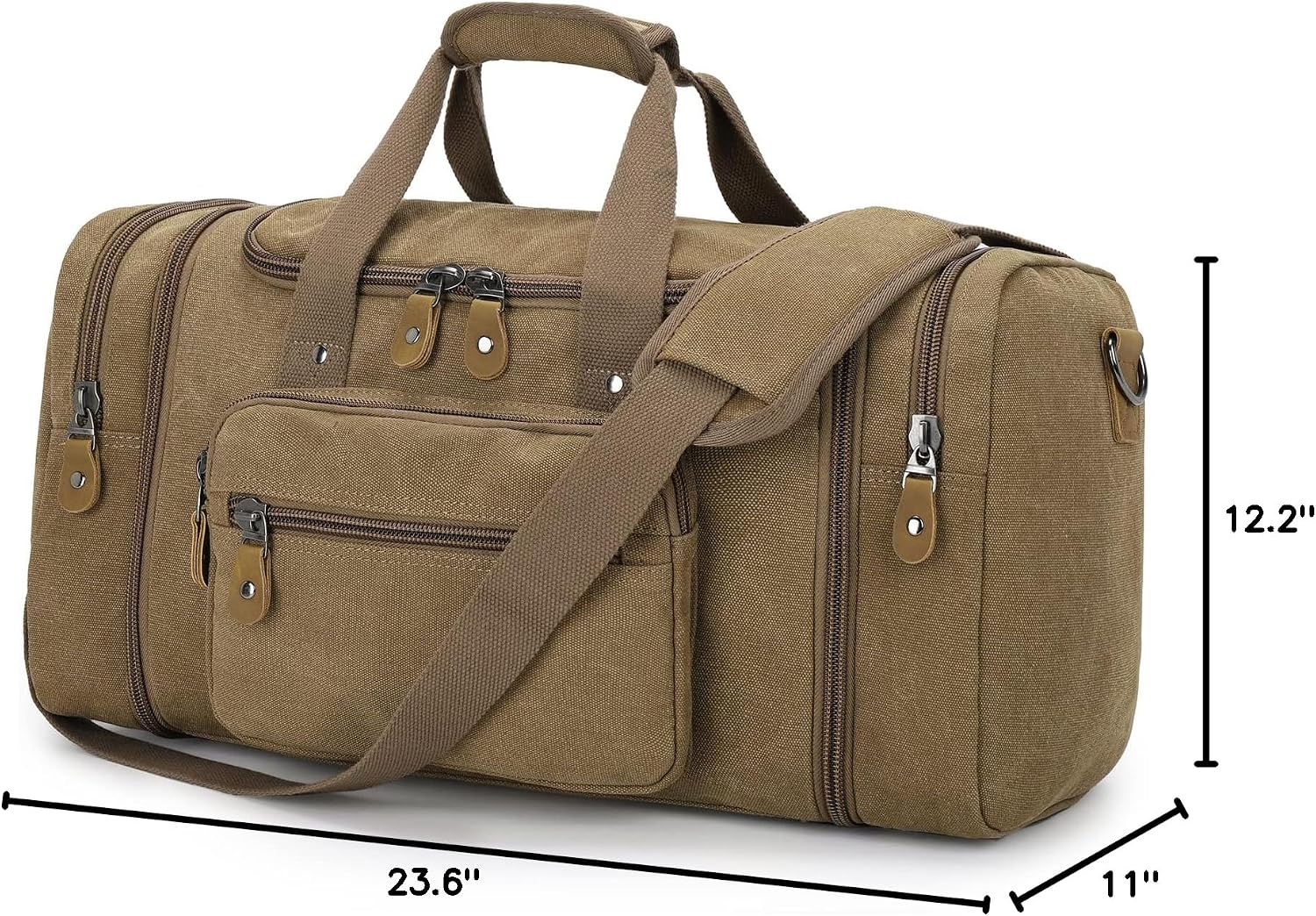 Canvas Duffle Bag, Expandable 60L Travel Overnight Weekender Bag | for Men, Multiple Pockets, Tear-Resistant, Durable Zippers, Detachable Strap, Coffee