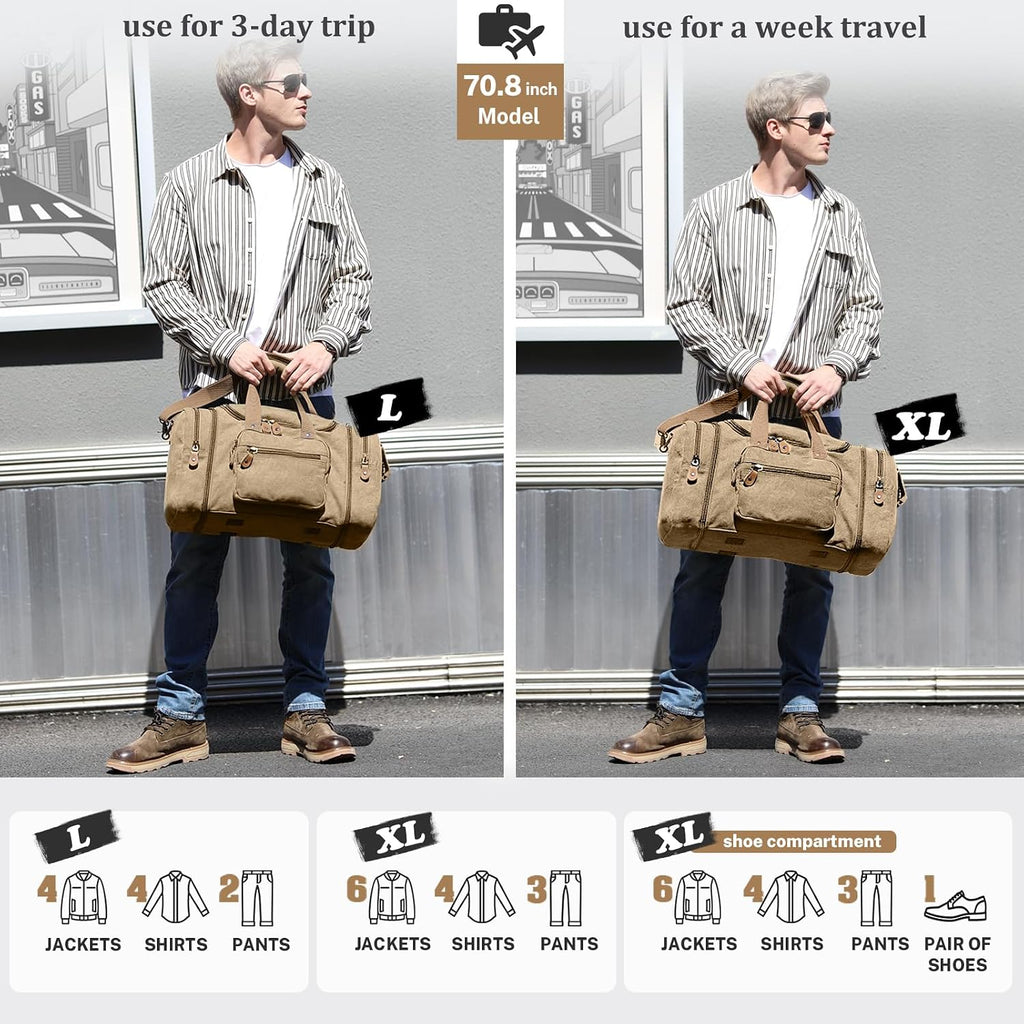 Canvas Duffle Bag, Expandable 60L Travel Overnight Weekender Bag | for Men, Multiple Pockets, Tear-Resistant, Durable Zippers, Detachable Strap, Coffee