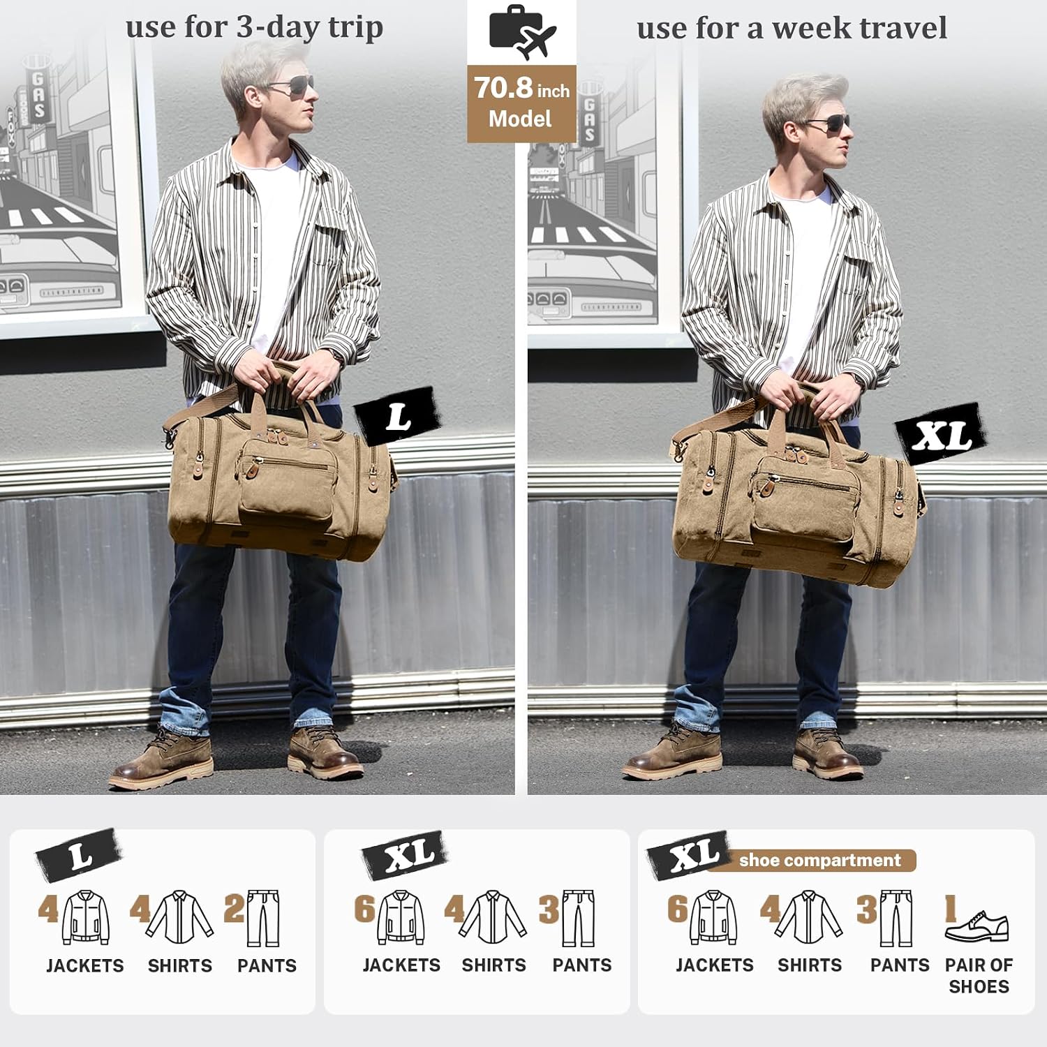 Canvas Duffle Bag, Expandable 60L Travel Overnight Weekender Bag | for Men, Multiple Pockets, Tear-Resistant, Durable Zippers, Detachable Strap, Coffee