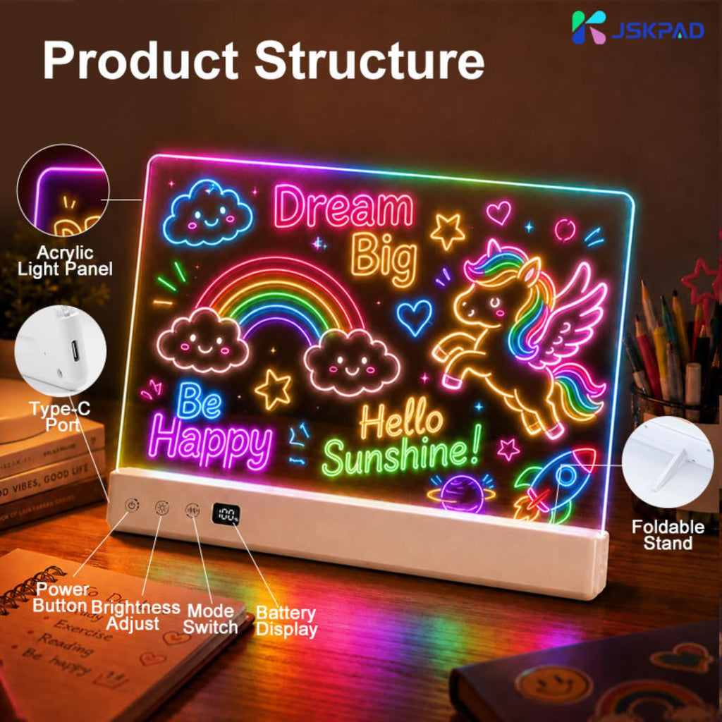 Glow LED Drawing Board with Music Sync & Foldable Stand, Light up Acrylic Note Board