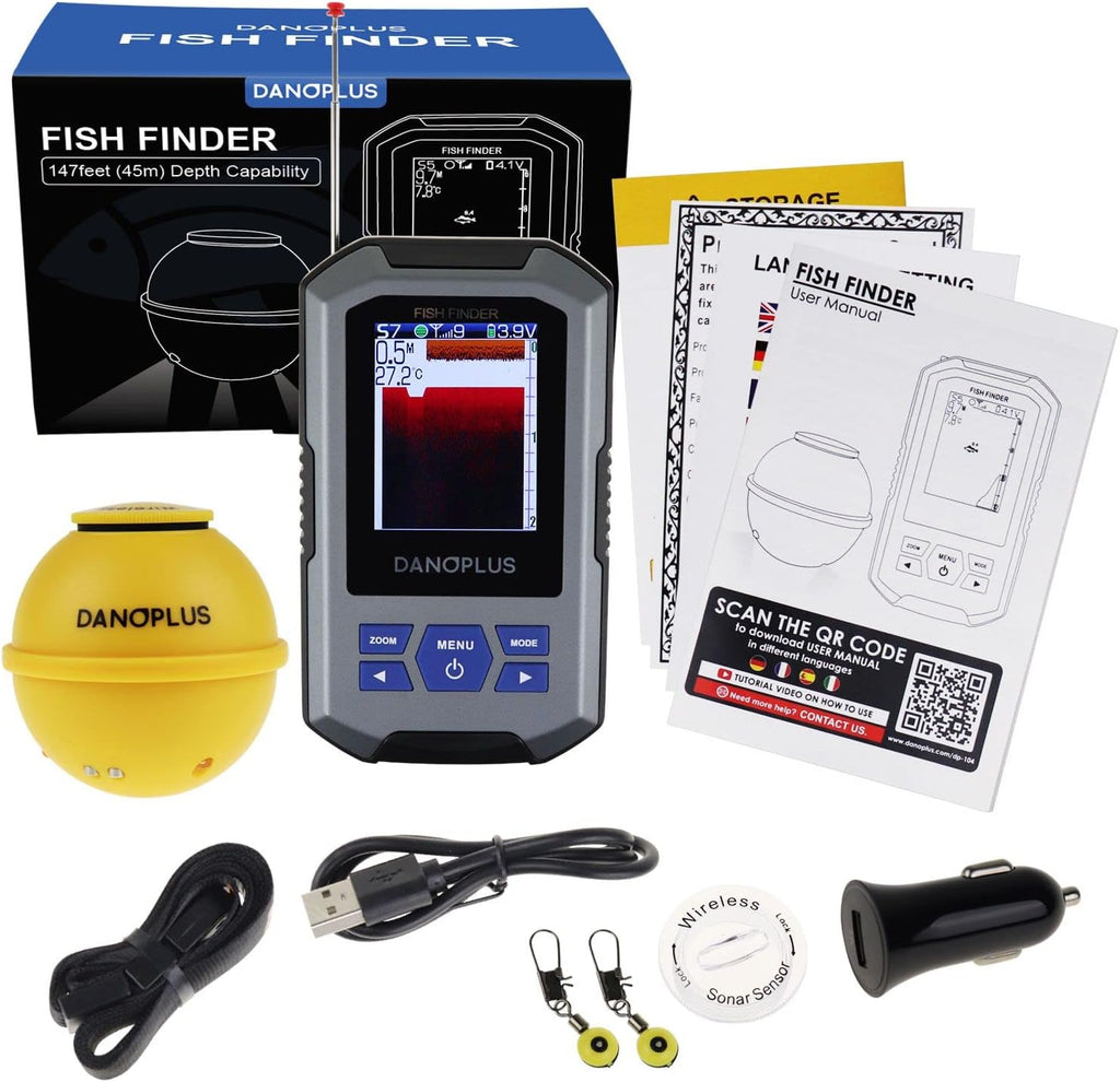 Portable Fish Finder Large HD Display Wireless Depth Finders for Boats with 147 Feet Depth Detection Sensor, Rechargeable Castable Fish Finder Display Fish, Temp