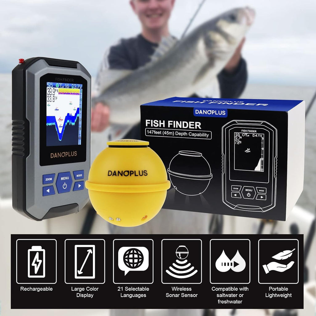 Portable Fish Finder Large HD Display Wireless Depth Finders for Boats with 147 Feet Depth Detection Sensor, Rechargeable Castable Fish Finder Display Fish, Temp
