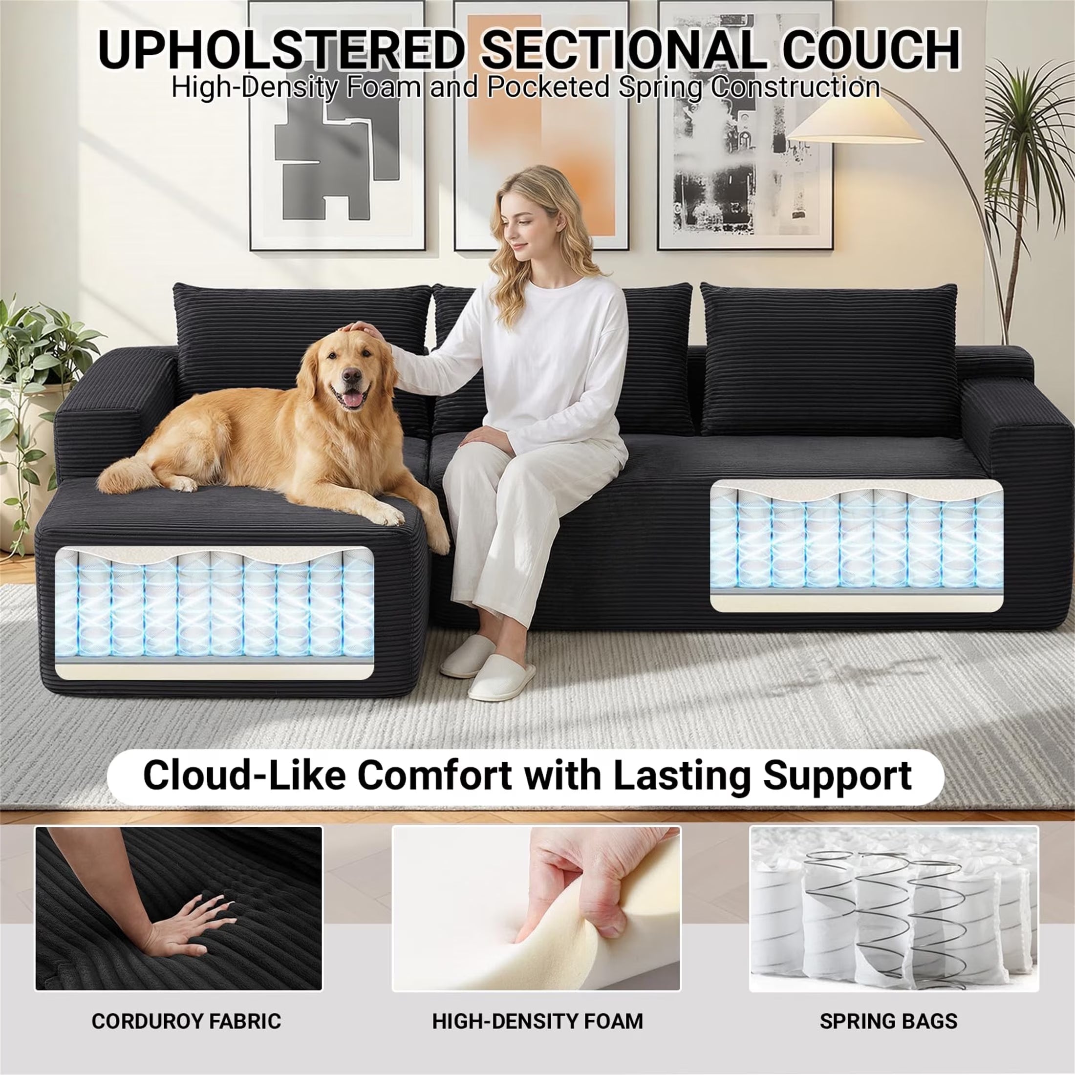 95" Cloud Sectional Sofa Deep Seat Boneless Couch Modular L-Shaped Couch, Left Chaise Corduroy Sofa for Living Room, Black