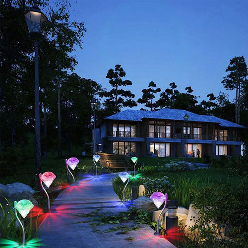 4Pcs Solar Garden Light Outdoor Diamond LED Light 7-Color Changing IP65 Waterproof Pathway Stake Decorative Lamp for Garden Patio Yard Walkway
