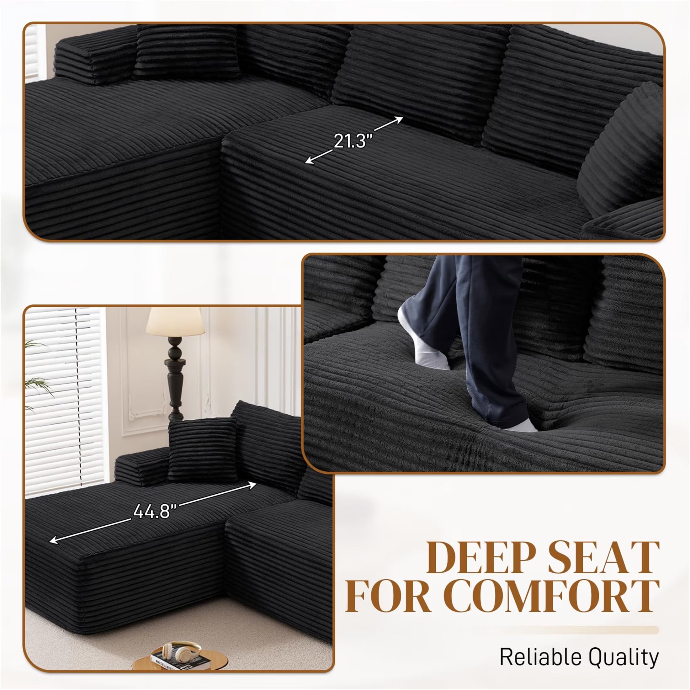 95" Cloud Sectional Sofa Deep Seat Boneless Couch Modular L-Shaped Couch, Left Chaise Corduroy Sofa for Living Room, Black