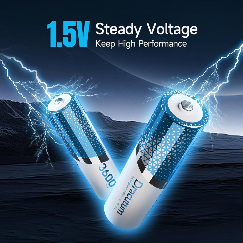 Rechargeable AA Lithium Batteries with Charger 8-Pack 3600Mwh