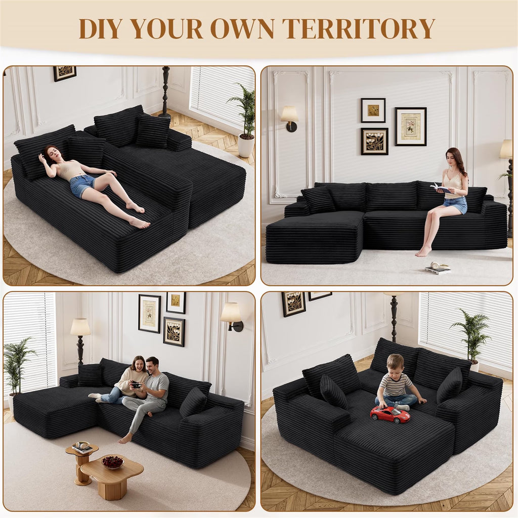 95" Cloud Sectional Sofa Deep Seat Boneless Couch Modular L-Shaped Couch, Left Chaise Corduroy Sofa for Living Room, Black