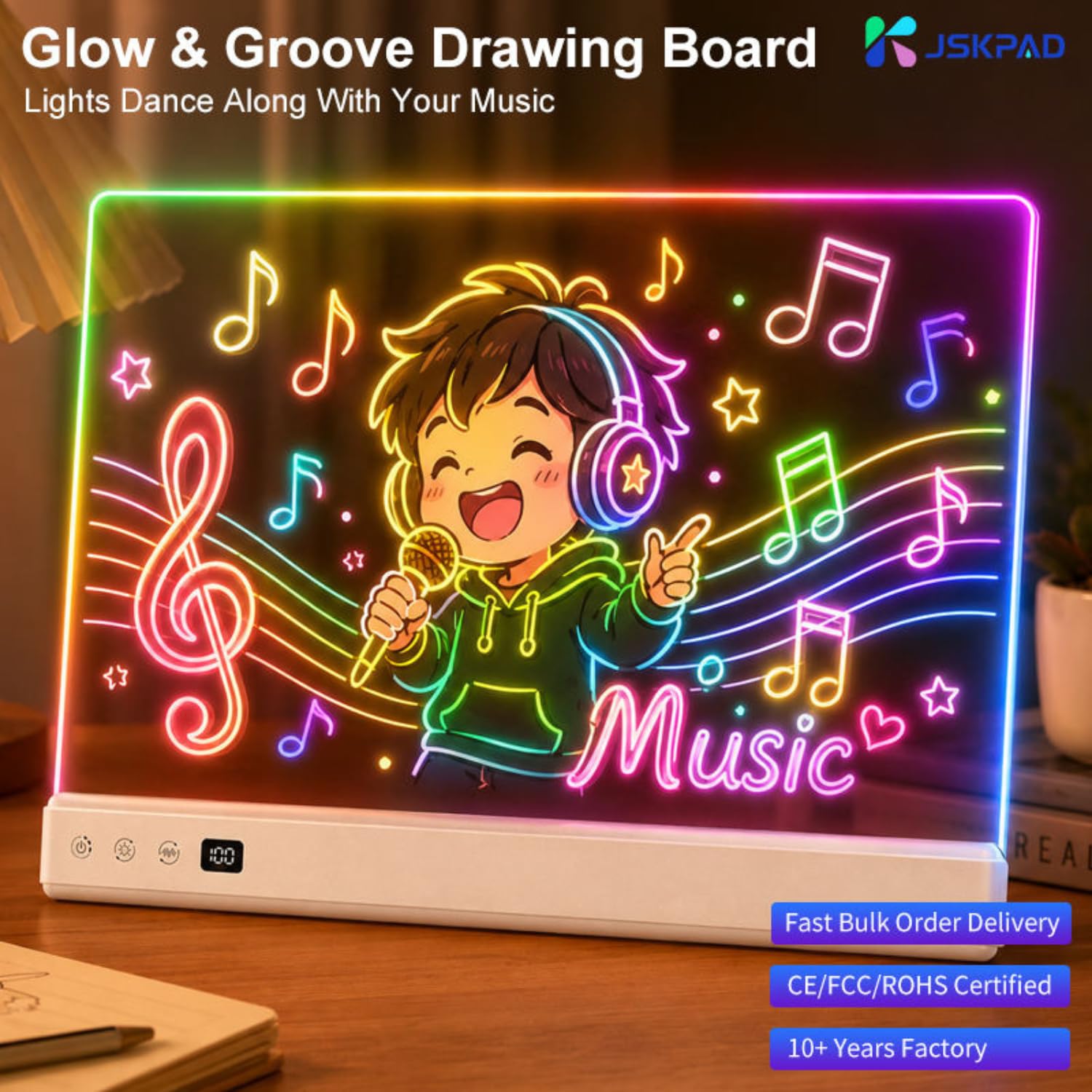 Glow LED Drawing Board with Music Sync & Foldable Stand, Light up Acrylic Note Board